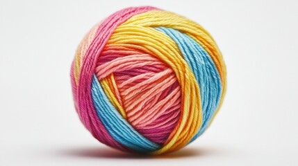 Close up shot of a ball of colorful yarn with pink yellow and blue strands on white backdrop