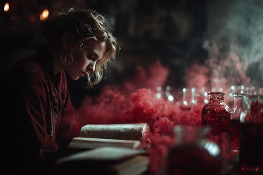A young woman studies an ancient book amidst a laboratory filled with red smoke and mysterious potions.