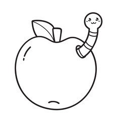 Apple with worm coloring page, simple hand drawn outline drawing, object for educational workbook, for kids, vector illustration 