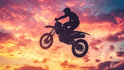 Silhouette of a motocross rider jumping against a vibrant sunset sky filled with colorful clouds