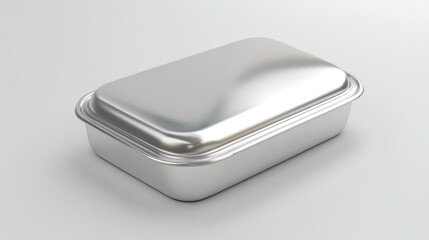 Close up shot of a rectangular metal container with a lid on a white surface in a studio setting