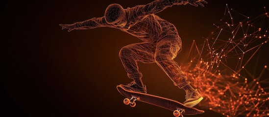 Stylized skateboarder performing a trick with glowing lines and dots against dark background