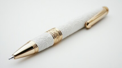 A close up shot of a white and gold pen with intricate designs on a white background surface
