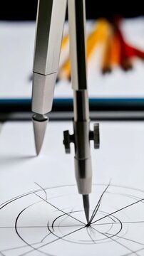 Technical drawing with a compass on a white sheet, design and precision work on paper with stationery and architectural tool