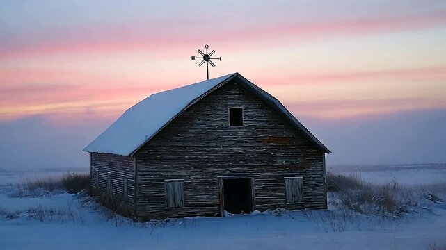 Snow-covered rustic barn at sunset with a windmill, surrounded by a serene winter landscape