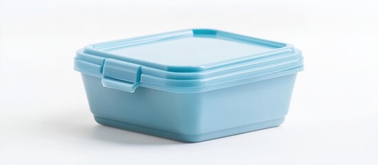 A light blue plastic food storage container with a lid on a white background is shown here