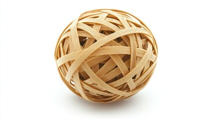 A close up shot of a ball made of rubber bands on a white background with soft shadows around it