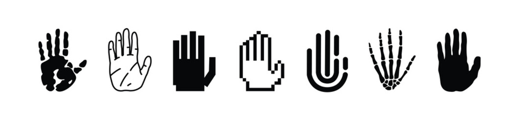illustration of open palm set showing 5 fingers in various shapes, stop symbol, greeting sign