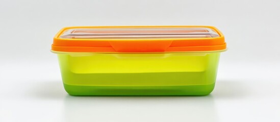 A close up view of a plastic food container with an orange lid on a white background surface