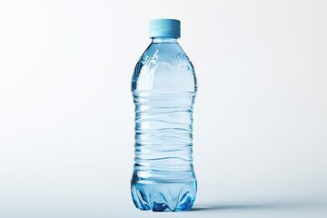 A clear plastic water bottle with a light blue cap on a white background in a studio setting