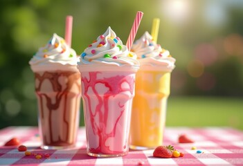 delicious creamy milkshake colorful cups vibrant dessert tasty treat sweet indulgence refreshing beverage summer delight, drink, whipped, flavor, topping, syrup