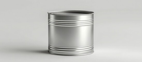 A simple studio shot of a plain silver metal can with ridges on a neutral background surface