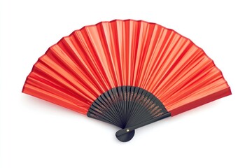 Close up of a vibrant red hand fan with black handle isolated on a white background studio shot