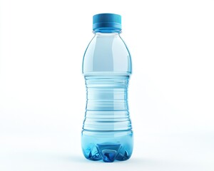 A clear plastic water bottle with a blue cap sits upright against a plain white background view