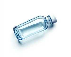 A clear glass bottle with a white cap filled with a light blue liquid lying on its side on white