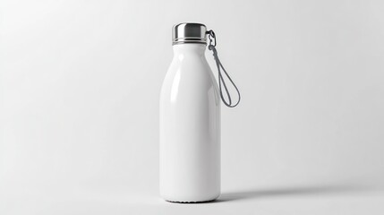 Isolated white reusable water bottle with silver cap and gray string on a white background