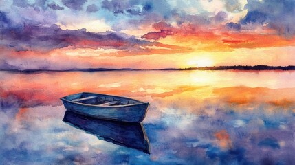 Watercolor painting of a boat on a calm lake reflecting a colorful sunset with cloudy skies above