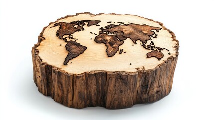 World map burned into a wooden tree stump on a white background in a studio setting shot