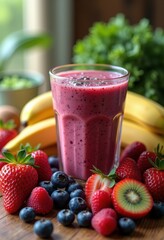 vibrant colorful smoothie ingredients fresh berries fruits vegetables arrangement nutrition health ripe boosting energy tasty blends, banana, strawberry, blueberry