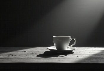 Obraz premium simplistic coffee cup silhouette rustic wooden table cool monochrome still life art, minimalism, design, texture, grain, brown, interior, lighting