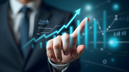 Business development to success and growing growth concept with hand pointing at arrow graph showing corporate future growth plan and increase percentage, scene 19
