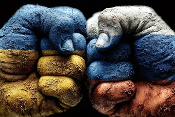 Two fists, painted with the colors of the ukrainian and russian flags, are bumping against a black background, symbolizing the military conflict between the two countries