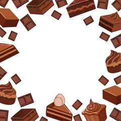 Vector frame with chocolate cupcakes and cake slices on white background with space for text or custom design. Perfect for World Chocolate Day, sweet menu, packaging, kids design, and festive decorati