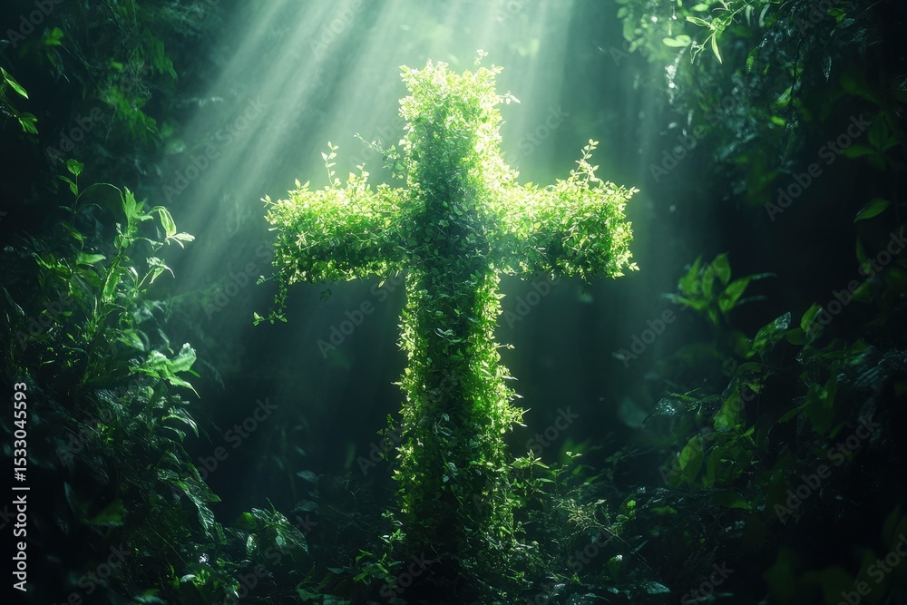 Poster symbol of faith created from lush green foliage illuminated by soft rays of sunlight in a serene for