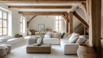 Elegant minimalist living room with wooden beams, neutral tones, soft textures, and natural light in cozy interior design