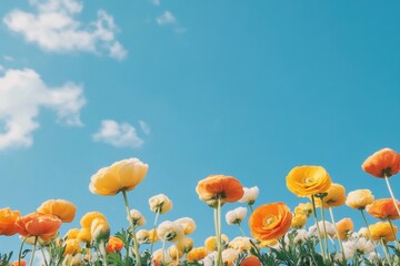 Low-angle photograph of orange and yellow ranunculus flowers against a blue sky Generative AI