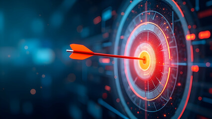 Digital target with arrow hitting bullseye in technology background representing success visualization, scene 14