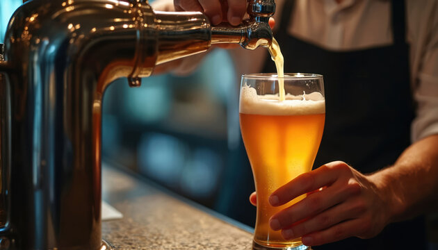 Bartender pouring draught beer glass at bar. Hand with tap serving beer. Beer foam close-up. Fresh drink with alcohol. Pub, restaurant, bar concept. Brew, beverage, drink, tap, draught, barman