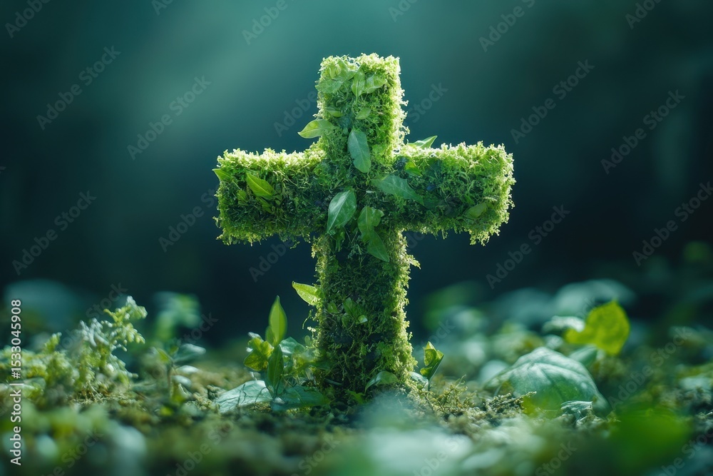 Poster symbol of faith created from lush green foliage illuminated by soft rays of sunlight in a serene for