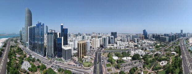 abu dhabi uae corniche and break water panorama drone image