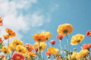 Low-angle photograph of yellow and orange ranunculus flowers against a blue sky Generative AI