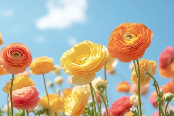 Low-angle photograph of orange and yellow ranunculus flowers against a blue sky Generative AI