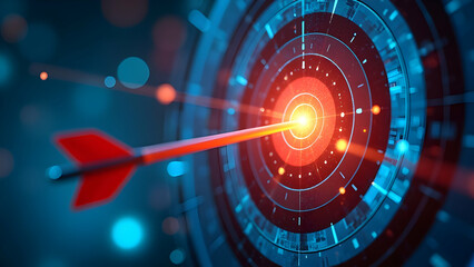 Digital target with arrow hitting bullseye in technology background representing success visualization, scene 29