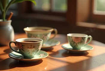 Fototapeta premium elegant ceramic coffee cups resting tableware displaying charming patterns warm earthy tones, beverage, pottery, drink, kitchen, accessory, design, saucers