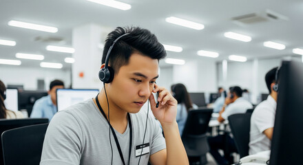 Customer service agent talking with headset in call center