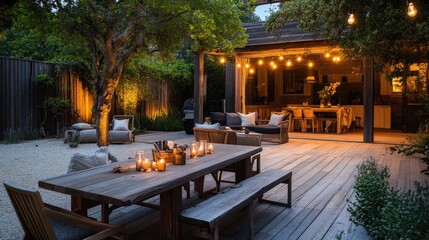 Cozy Outdoor Dining Area with Warm Lights and Elegant Decor in Modern Backyard