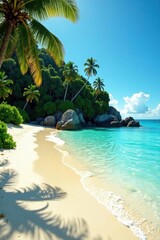 Obraz premium Sun-drenched sand, turquoise water, lush island backdrop, tropical beach, exotic