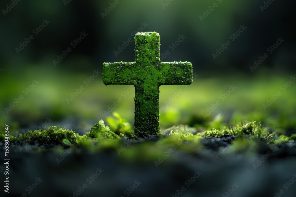 Poster symbol of faith created from lush green foliage illuminated by soft rays of sunlight in a serene for