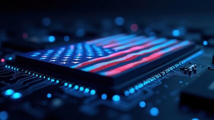 Stylized American flag glowing within a circuit board, symbolizing U.S. technology, cybersecurity, and digital innovation.