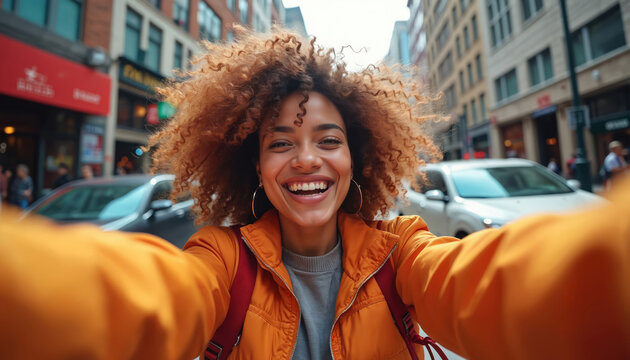 Cheerful young woman takes selfie in vibrant city street. Smiling girl captures lively urban atmosphere with joyful energy, expression of fun and happiness. Happy travel, urban exploration.