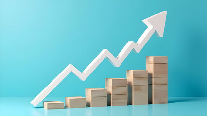 Wooden block stacking as step stair with white arrow up on blue background representing ladder of success in business growth concept, scene 13