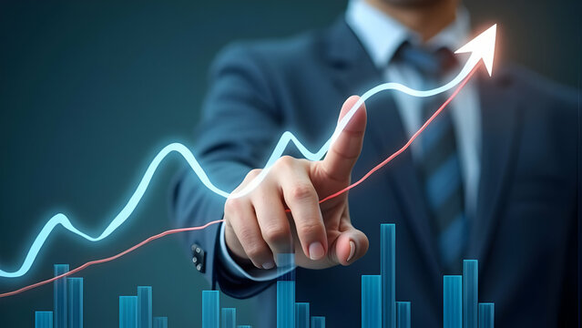 Business development to success and growing growth concept with hand pointing at arrow graph showing corporate future growth plan and increase percentage, scene 15