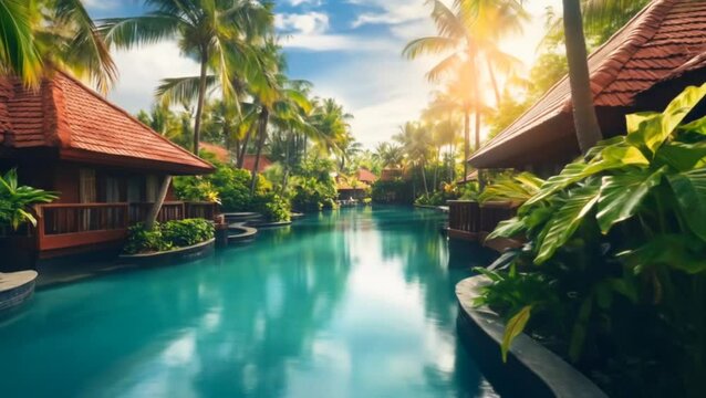 Lagoon-style swimming pool surrounded by tropical garden and traditional red-roof villas under bright morning sun. Wellness concept