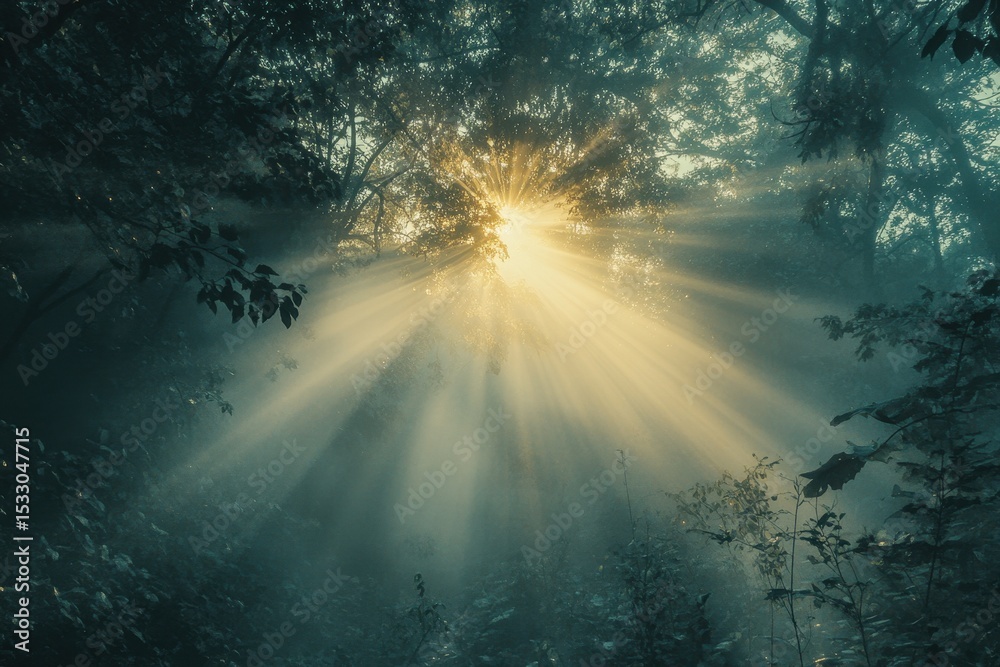 Aufkleber sunlight breaks through the dense forest canopy, casting ethereal rays in the early morning mist nea