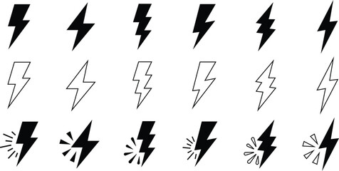 Black Lightning Bolt Icons in Circular Frames for Energy Concepts, Power Symbols, Storm Warnings, and High Voltage Graphic Design Elements