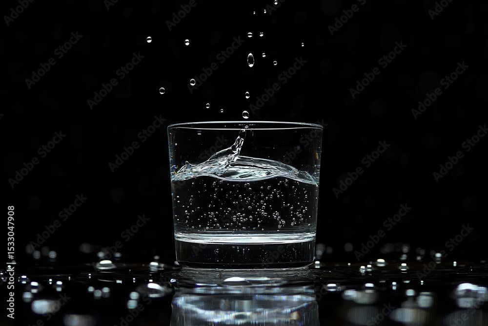 Poster water splashes artistically from a glass in a dark setting, creating dynamic ripples and droplets du